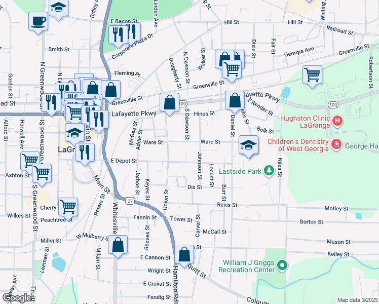 map of restaurants, bars, coffee shops, grocery stores, and more near 216 Wesley Way in LaGrange