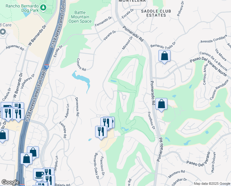map of restaurants, bars, coffee shops, grocery stores, and more near 17873 Sintonte Drive in San Diego