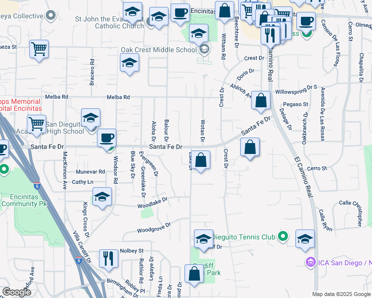 map of restaurants, bars, coffee shops, grocery stores, and more near 1245 Canton Court in Encinitas