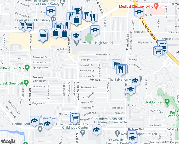 map of restaurants, bars, coffee shops, grocery stores, and more near 654 Bentwood Drive in Lewisville