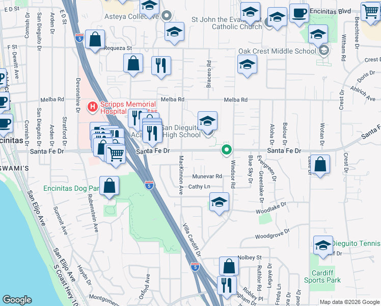 map of restaurants, bars, coffee shops, grocery stores, and more near 777 Santa Fe Drive in Encinitas