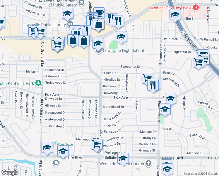 map of restaurants, bars, coffee shops, grocery stores, and more near 654 Bentwood Drive in Lewisville