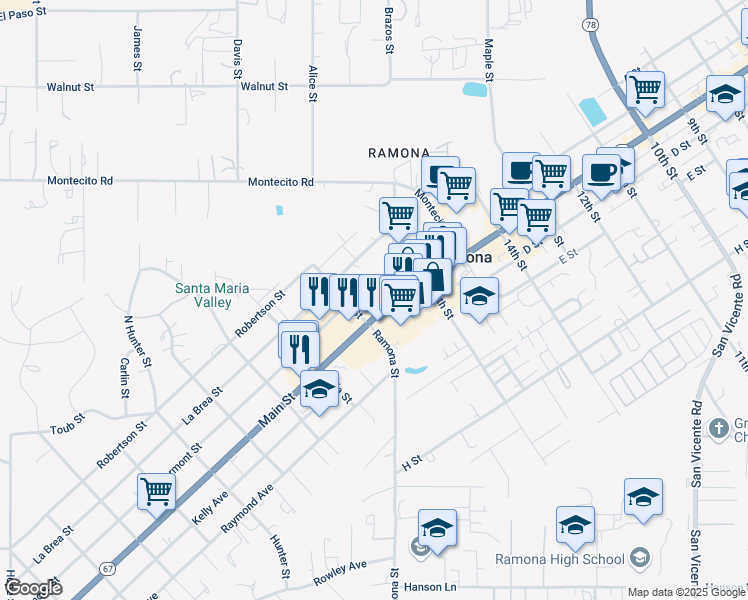 map of restaurants, bars, coffee shops, grocery stores, and more near 1721 Main Street in Ramona