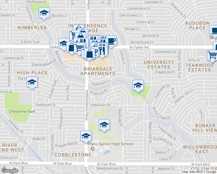 map of restaurants, bars, coffee shops, grocery stores, and more near 2805 Pinehurst Drive in Plano