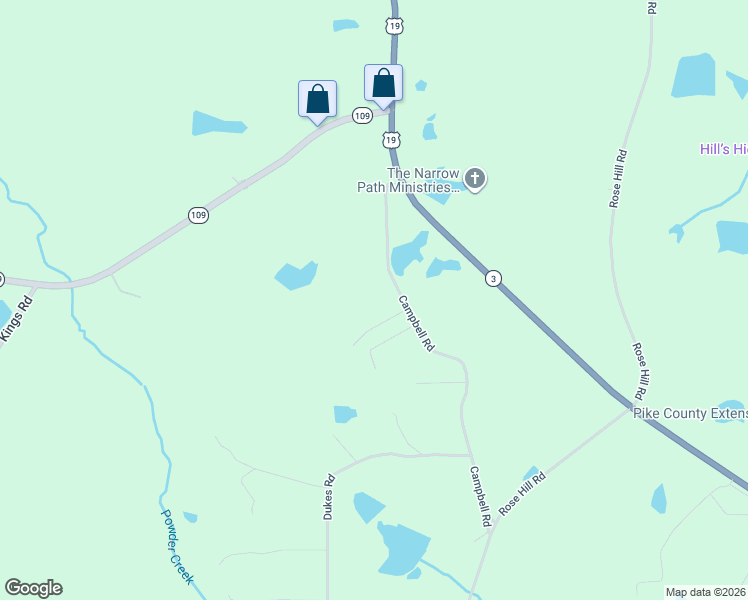 map of restaurants, bars, coffee shops, grocery stores, and more near 298 Campbell Road in Meansville