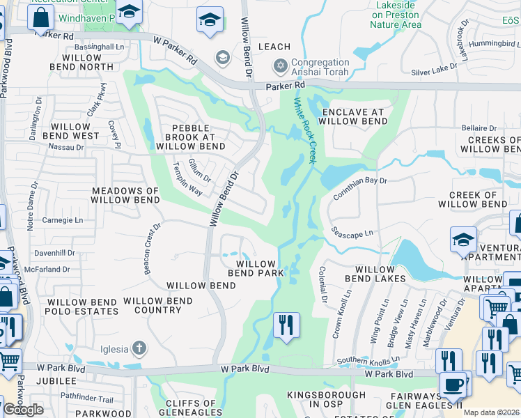 map of restaurants, bars, coffee shops, grocery stores, and more near 5501 Weatherby Lane in Plano