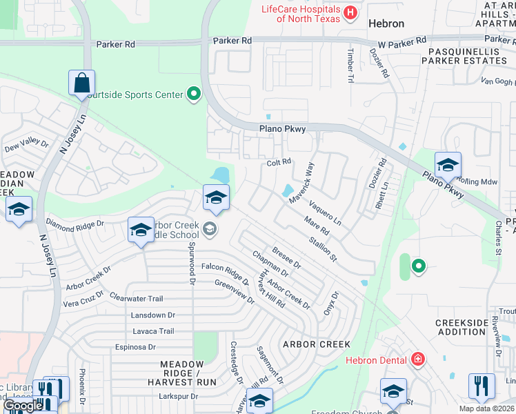 map of restaurants, bars, coffee shops, grocery stores, and more near 4608 Pony Avenue in Carrollton