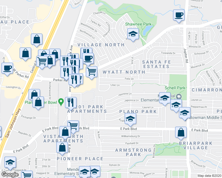 map of restaurants, bars, coffee shops, grocery stores, and more near 1440 Camelia Drive in Plano