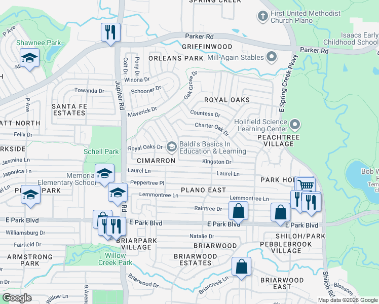 map of restaurants, bars, coffee shops, grocery stores, and more near 2612 Royal Oaks Drive in Plano
