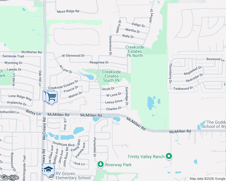 map of restaurants, bars, coffee shops, grocery stores, and more near 3015 West Jacob Drive in Wylie
