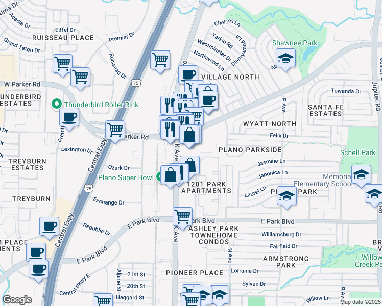 map of restaurants, bars, coffee shops, grocery stores, and more near 102 Dobie Drive in Plano
