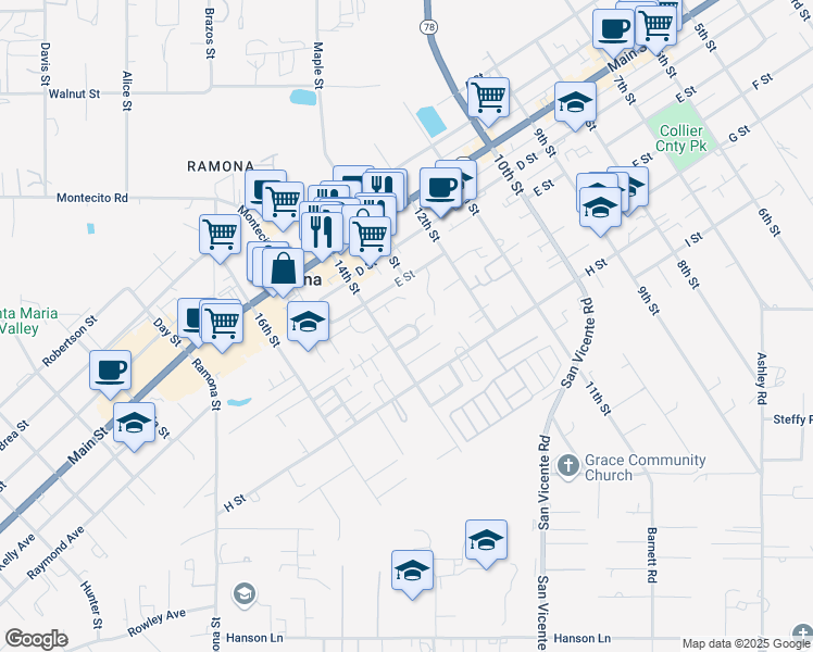 map of restaurants, bars, coffee shops, grocery stores, and more near 530 14th Street in Ramona