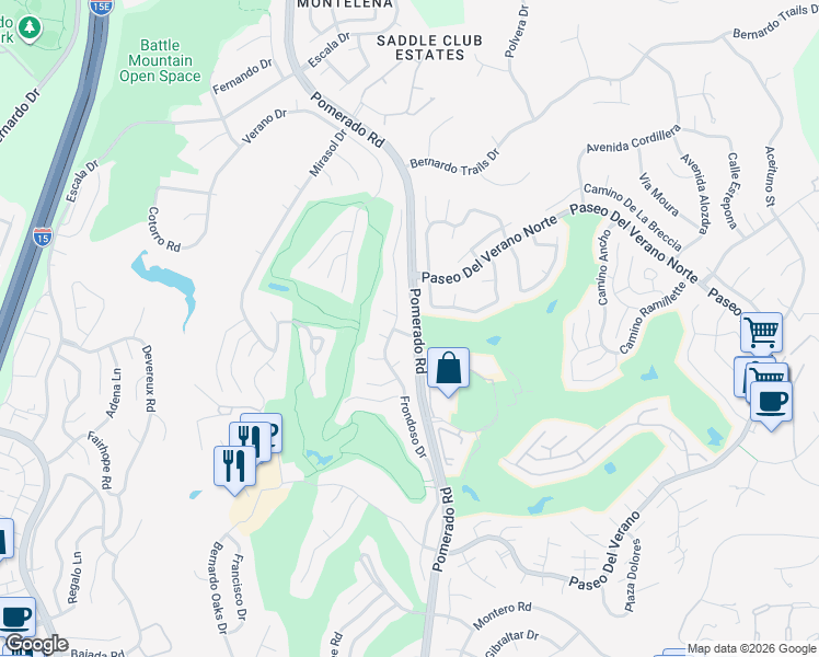 map of restaurants, bars, coffee shops, grocery stores, and more near 17711 Pomerado Road in San Diego