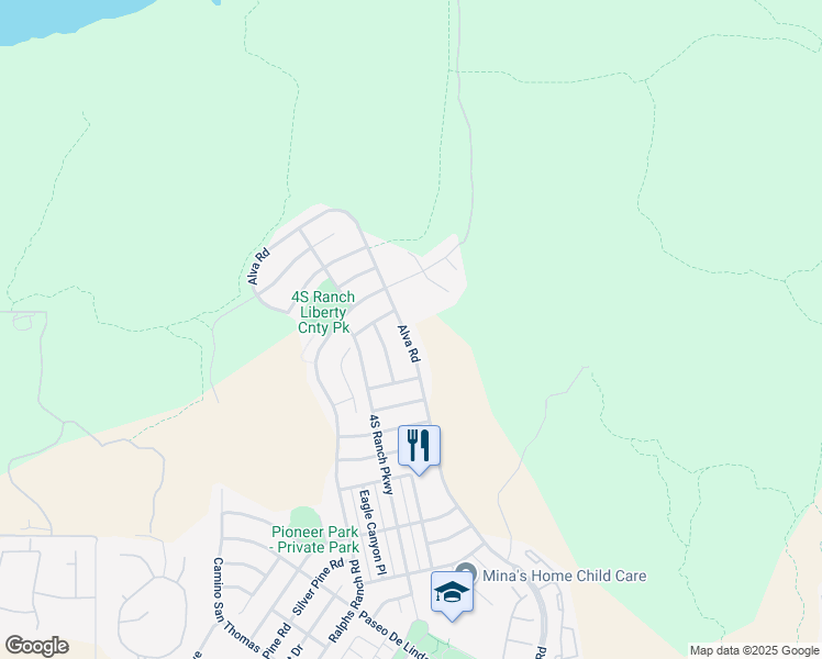 map of restaurants, bars, coffee shops, grocery stores, and more near 17653 Alva Road in San Diego