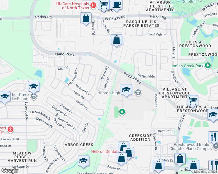 map of restaurants, bars, coffee shops, grocery stores, and more near 4650 Rhett Lane in Carrollton