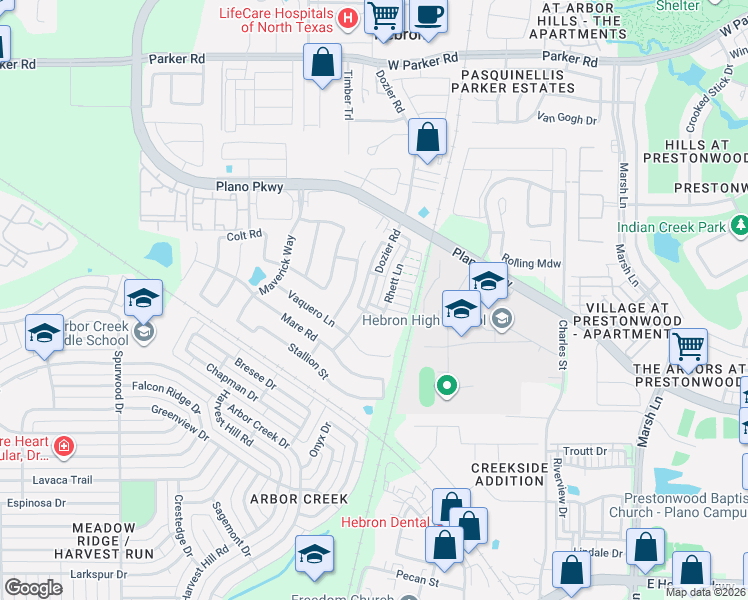 map of restaurants, bars, coffee shops, grocery stores, and more near 4661 Dozier Road in Carrollton