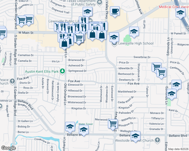 map of restaurants, bars, coffee shops, grocery stores, and more near 125 Lynnwood Place in Lewisville