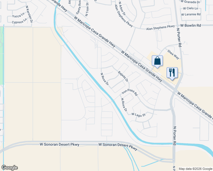 map of restaurants, bars, coffee shops, grocery stores, and more near 17278 North Rosa Drive in Maricopa