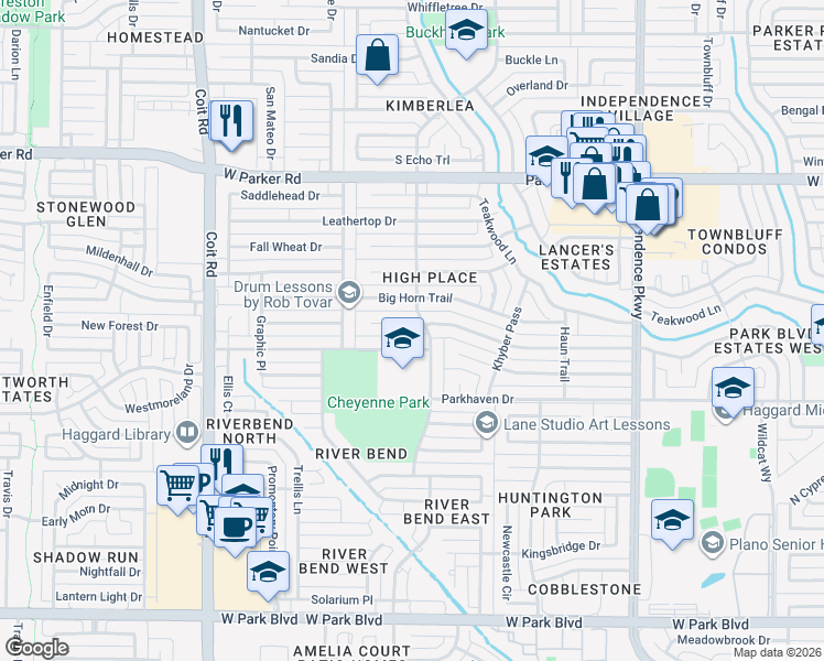 map of restaurants, bars, coffee shops, grocery stores, and more near 3604 Pinehurst Court in Plano