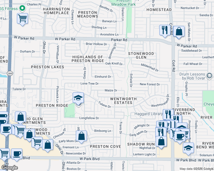 map of restaurants, bars, coffee shops, grocery stores, and more near 4416 Lone Tree Drive in Plano