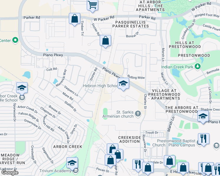 map of restaurants, bars, coffee shops, grocery stores, and more near 4211 Plano Parkway in Carrollton