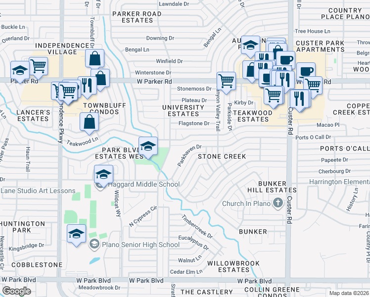 map of restaurants, bars, coffee shops, grocery stores, and more near 2525 Parkhaven Drive in Plano