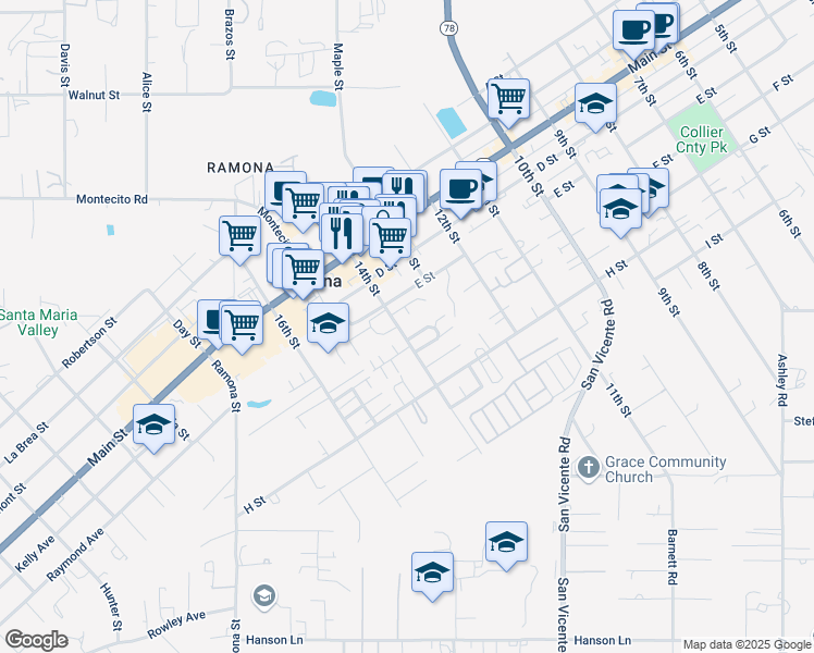 map of restaurants, bars, coffee shops, grocery stores, and more near 530 14th Street in Ramona