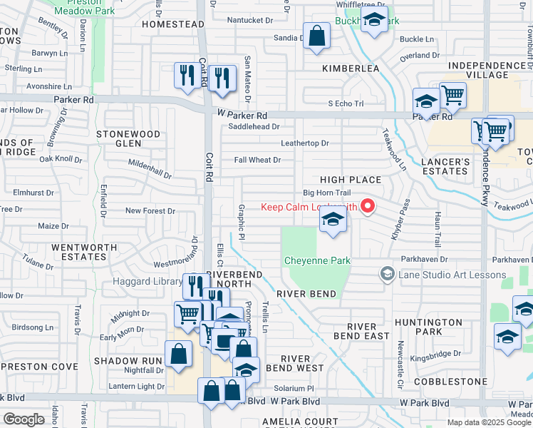 map of restaurants, bars, coffee shops, grocery stores, and more near 3812 Straw Harvest Dr in Plano