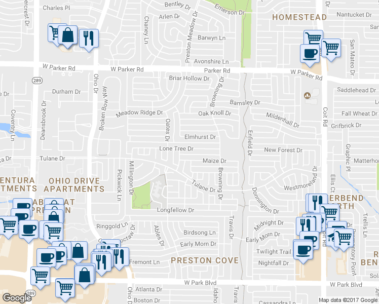 map of restaurants, bars, coffee shops, grocery stores, and more near 4444 Lone Tree Drive in Plano