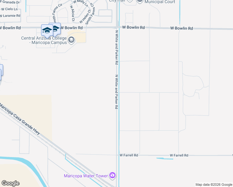 map of restaurants, bars, coffee shops, grocery stores, and more near North White and Parker Road in Maricopa