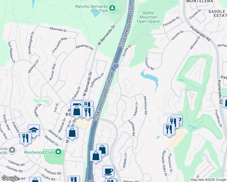 map of restaurants, bars, coffee shops, grocery stores, and more near 17955 Caminito Pinero in San Diego