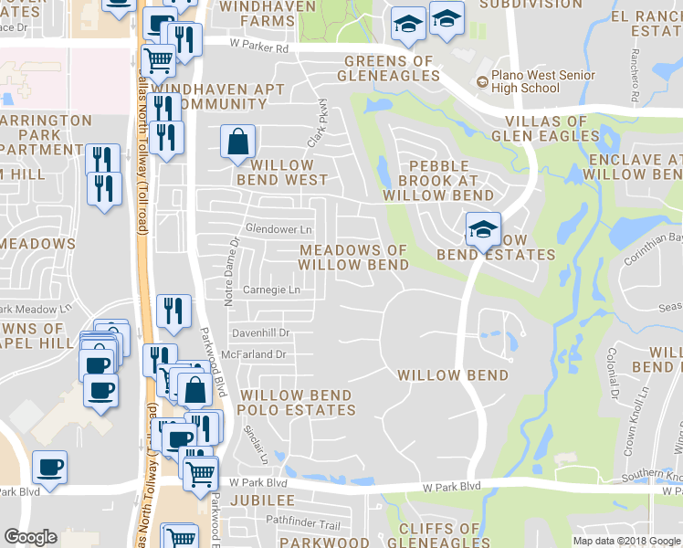 map of restaurants, bars, coffee shops, grocery stores, and more near 5809 Roswell Drive in Plano