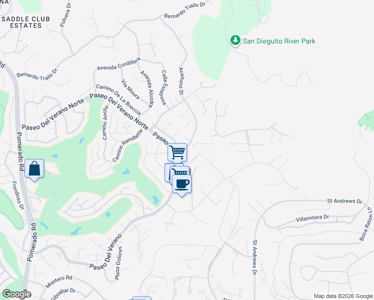 map of restaurants, bars, coffee shops, grocery stores, and more near 18207 Aceituno Street in San Diego