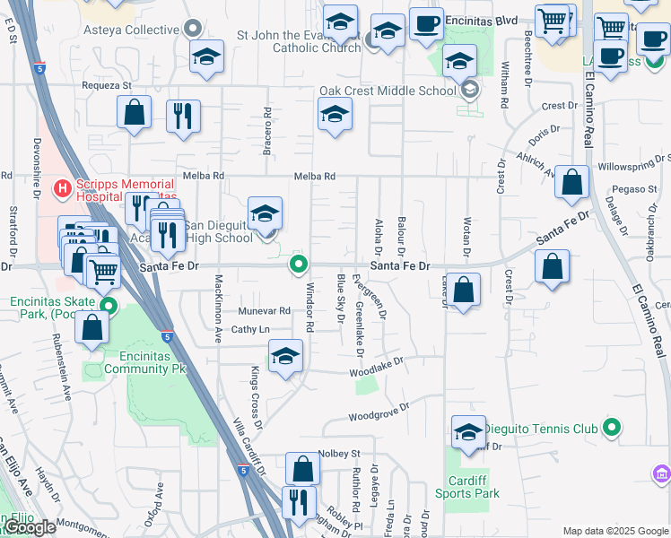 map of restaurants, bars, coffee shops, grocery stores, and more near 1204 Blue Sky Drive in Encinitas