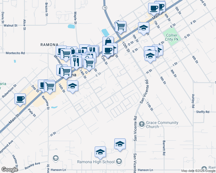 map of restaurants, bars, coffee shops, grocery stores, and more near 589 Tag Lane in Ramona