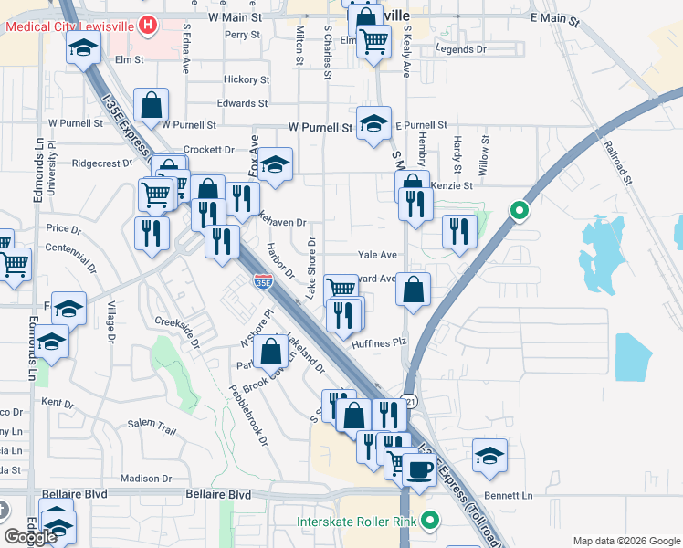 map of restaurants, bars, coffee shops, grocery stores, and more near 187 Harvard Avenue in Lewisville