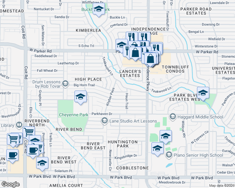 map of restaurants, bars, coffee shops, grocery stores, and more near 3400 Big Horn Trail in Plano