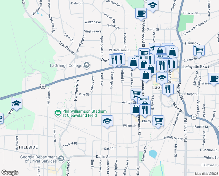 map of restaurants, bars, coffee shops, grocery stores, and more near 213 Boulevard in LaGrange