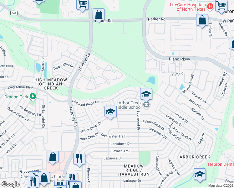 map of restaurants, bars, coffee shops, grocery stores, and more near 2029 Diamond Ridge Drive in Carrollton
