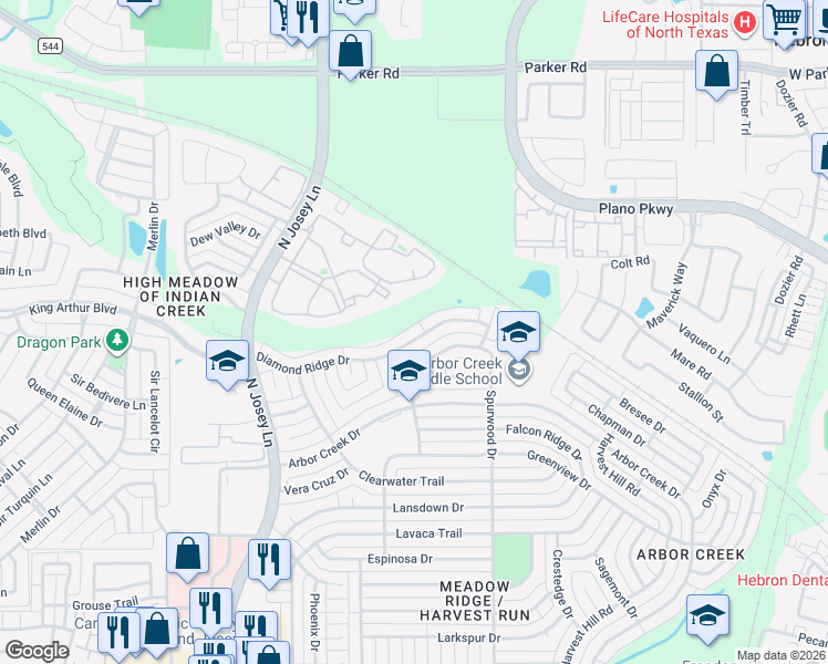 map of restaurants, bars, coffee shops, grocery stores, and more near 2029 Diamond Ridge Drive in Carrollton