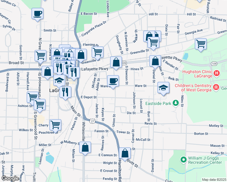 map of restaurants, bars, coffee shops, grocery stores, and more near 206 Union Street in LaGrange