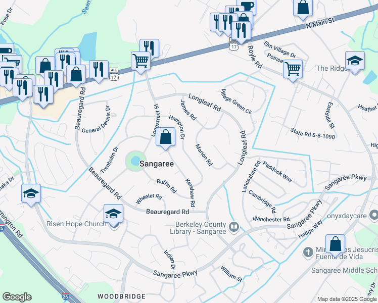 map of restaurants, bars, coffee shops, grocery stores, and more near 1232 Hampton Drive in Summerville