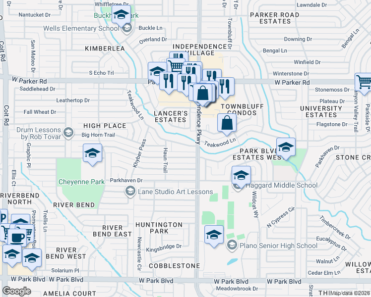 map of restaurants, bars, coffee shops, grocery stores, and more near 3112 Teakwood Lane in Plano