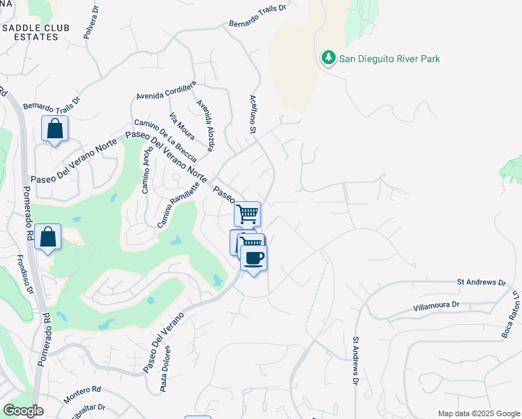 map of restaurants, bars, coffee shops, grocery stores, and more near 18207 Aceituno Street in San Diego
