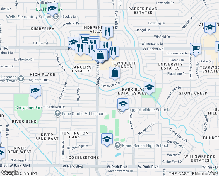 map of restaurants, bars, coffee shops, grocery stores, and more near 2824 Teakwood Lane in Plano