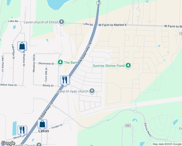 map of restaurants, bars, coffee shops, grocery stores, and more near Brookview Drive in Lavon