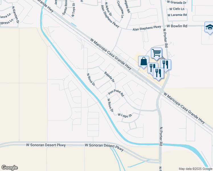 map of restaurants, bars, coffee shops, grocery stores, and more near 42222 West Lunar Street in Maricopa