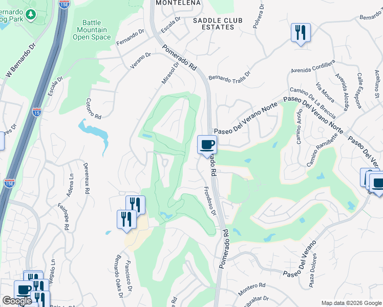 map of restaurants, bars, coffee shops, grocery stores, and more near 12450 Bodega Court in San Diego