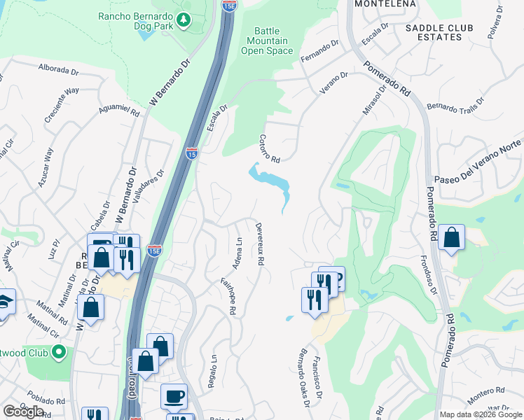 map of restaurants, bars, coffee shops, grocery stores, and more near 17695 Belle Helene Court in San Diego