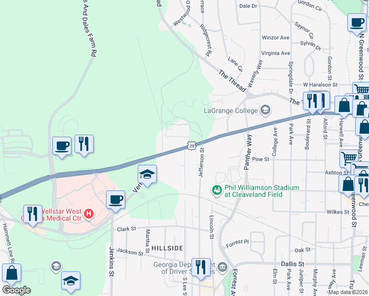 map of restaurants, bars, coffee shops, grocery stores, and more near 1209 Vernon Street in LaGrange
